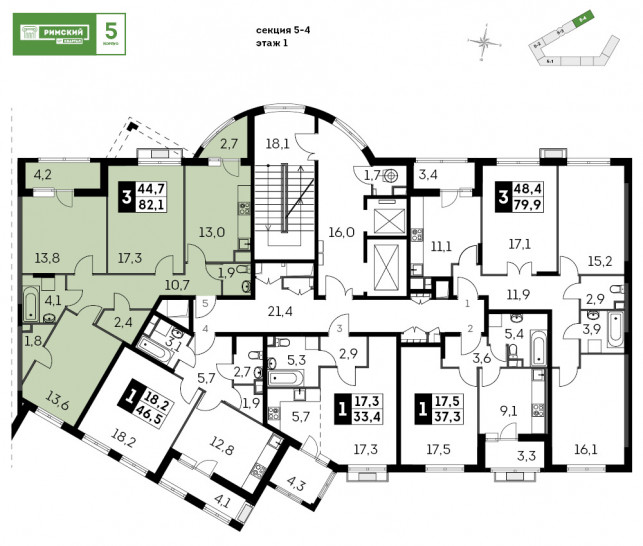 Трёхкомнатная квартира 82.1 м²