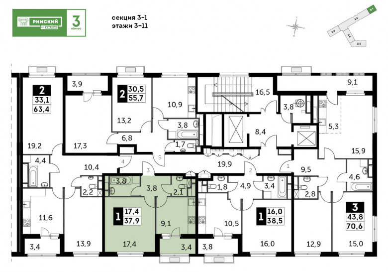 Однокомнатная квартира 37.9 м²
