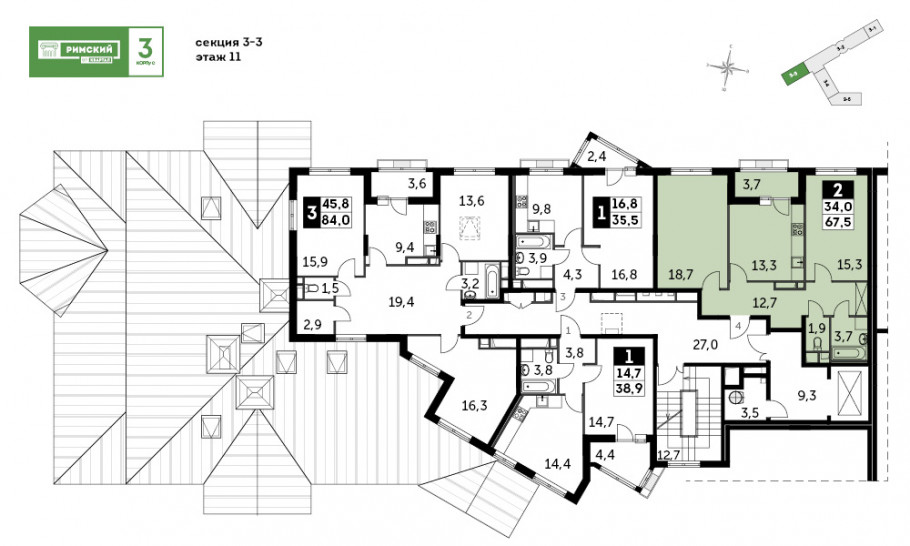 Двухкомнатная квартира 67.5 м²